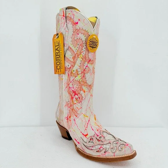 Corral Neon Multi Color Overlay Embroidery Studs Western Boots Size 7.5 NWOB - Picture 14 of 16